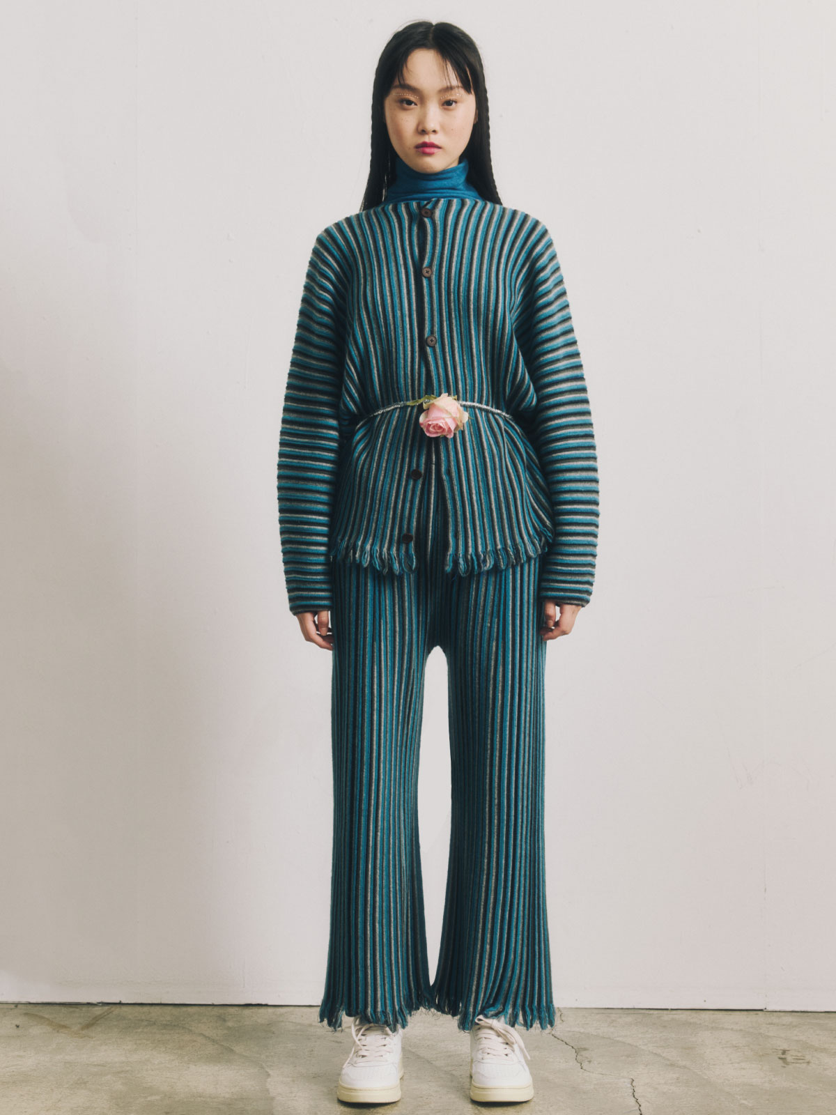 dark navy wool multi stripe seamless knit pants