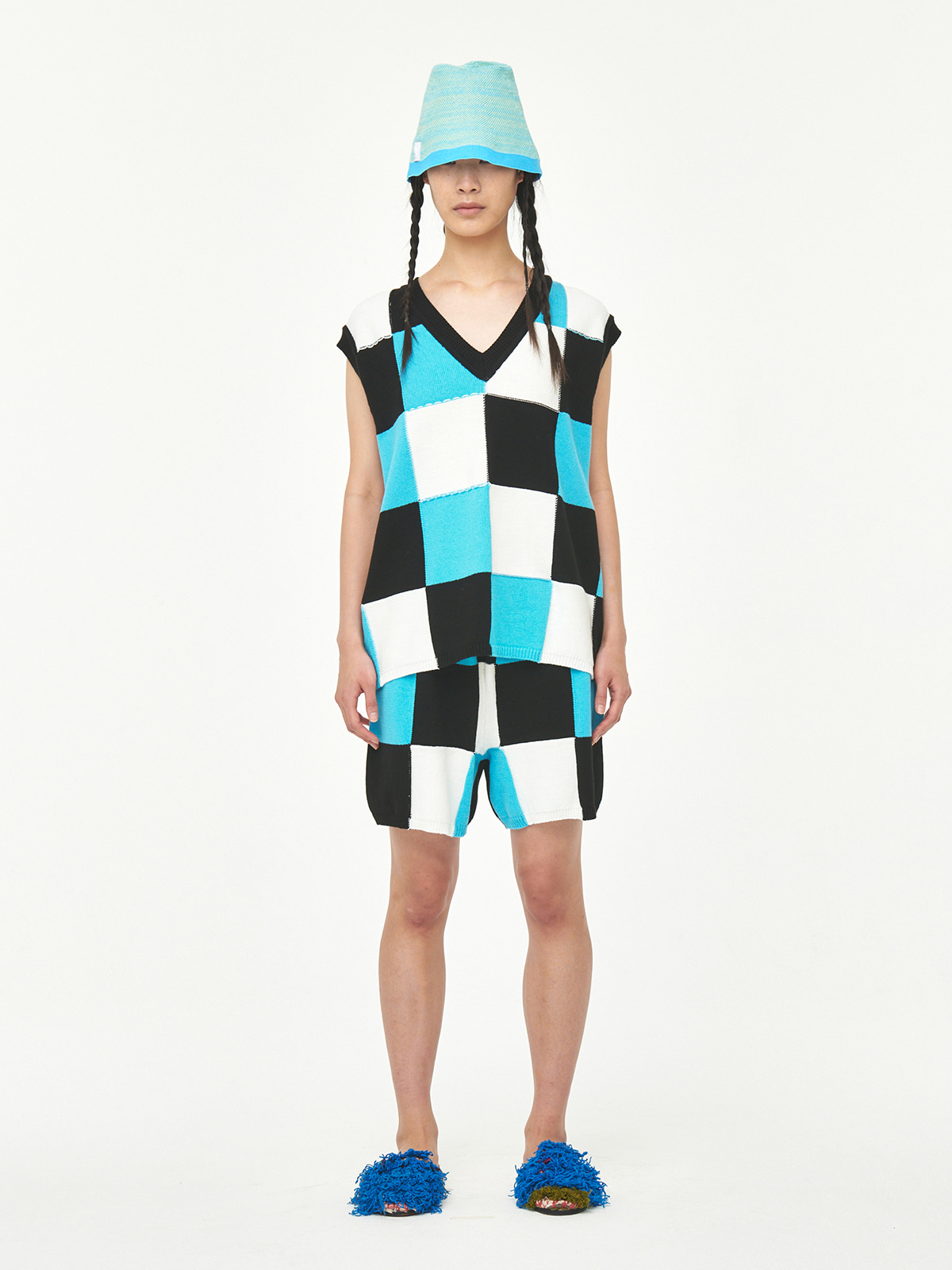 black multi checkerboard knit vest top
